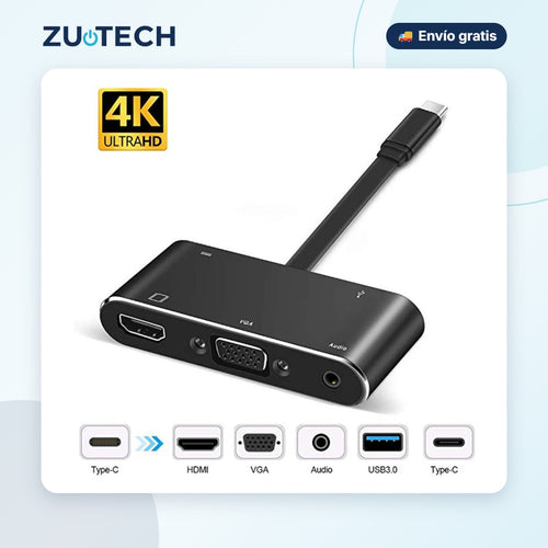 Adaptador USB-C a HDMI y VGA 5 en 1 - Zutech
