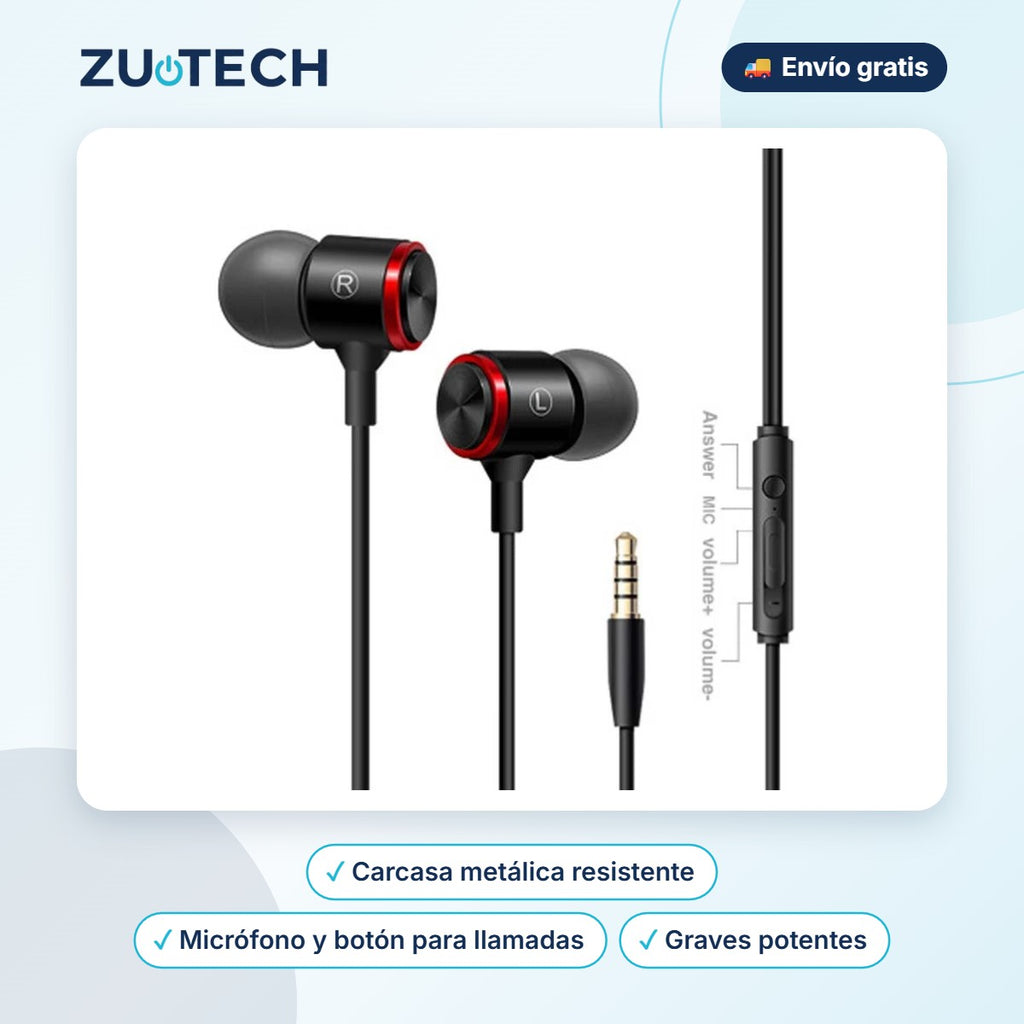 Auriculares In-Ear Metálicos con Cable y Micrófono - Zutech