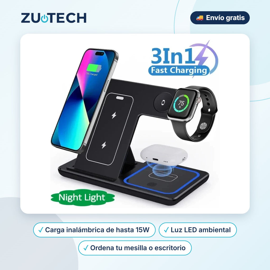 Base de Carga Inalámbrica 3 en 1 15W con LED - Zutech