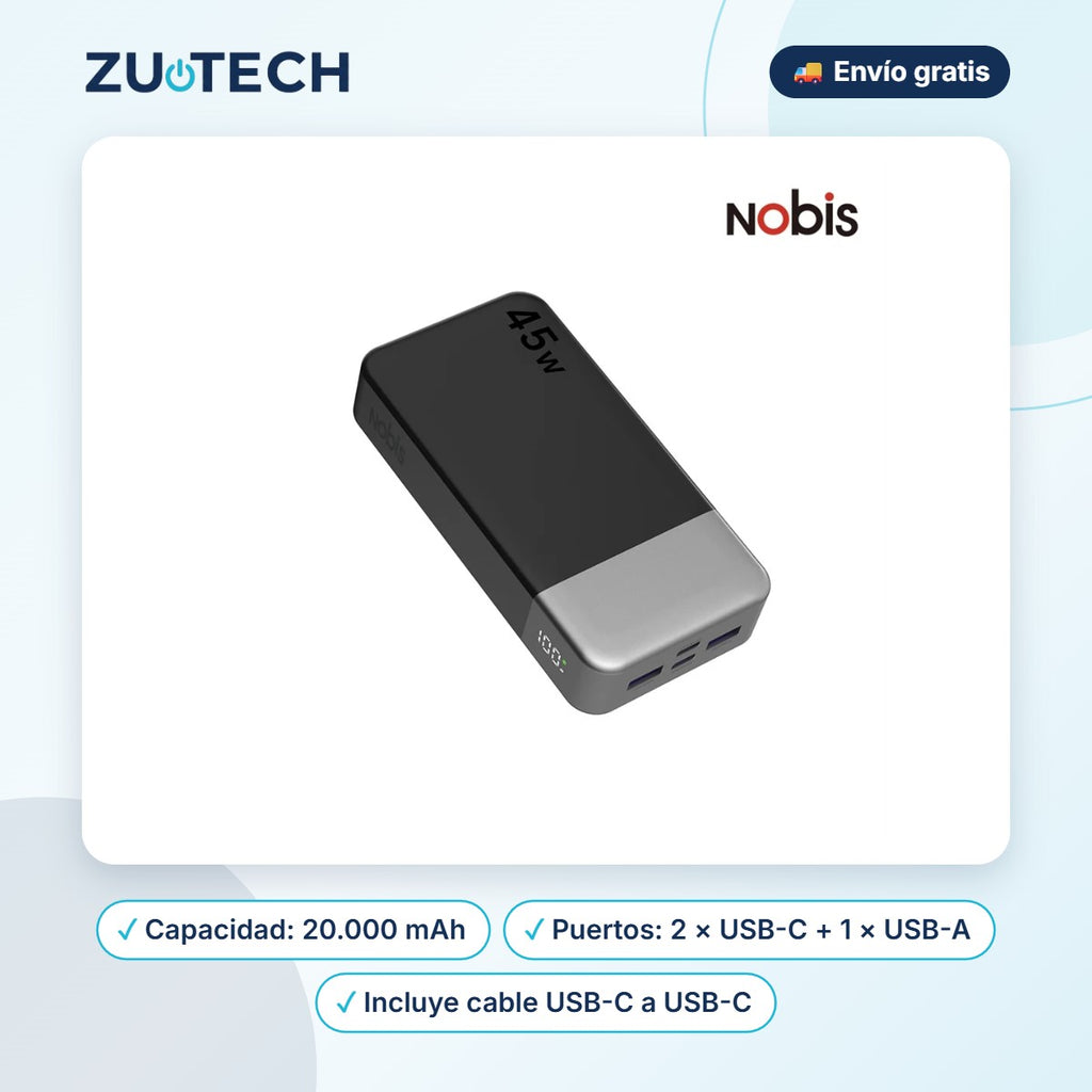 Batería Externa 20000 mAh 45W con Pantalla Digital (2 USB-C + 1 USB-A) - Zutech