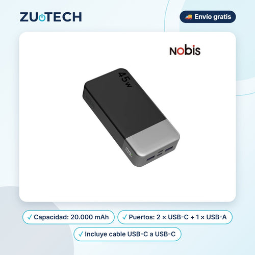Batería Externa 20000 mAh 45W con Pantalla Digital (2 USB-C + 1 USB-A) - Zutech