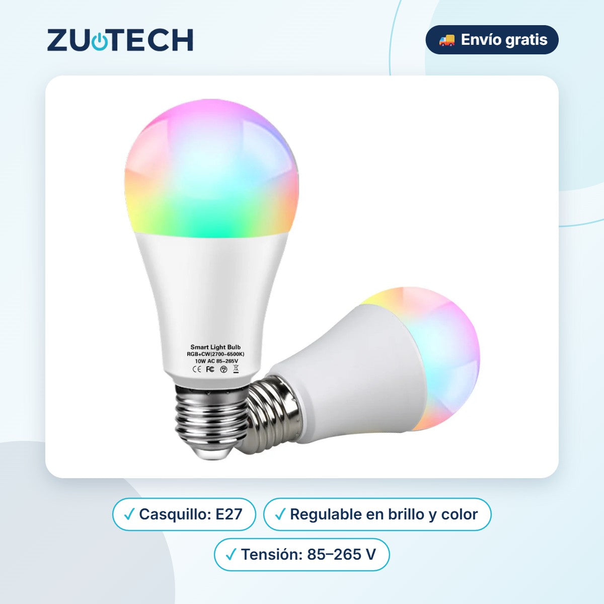 Bombilla Inteligente WiFi E27 RGB Regulable (Alexa y Google Home) - Zutech