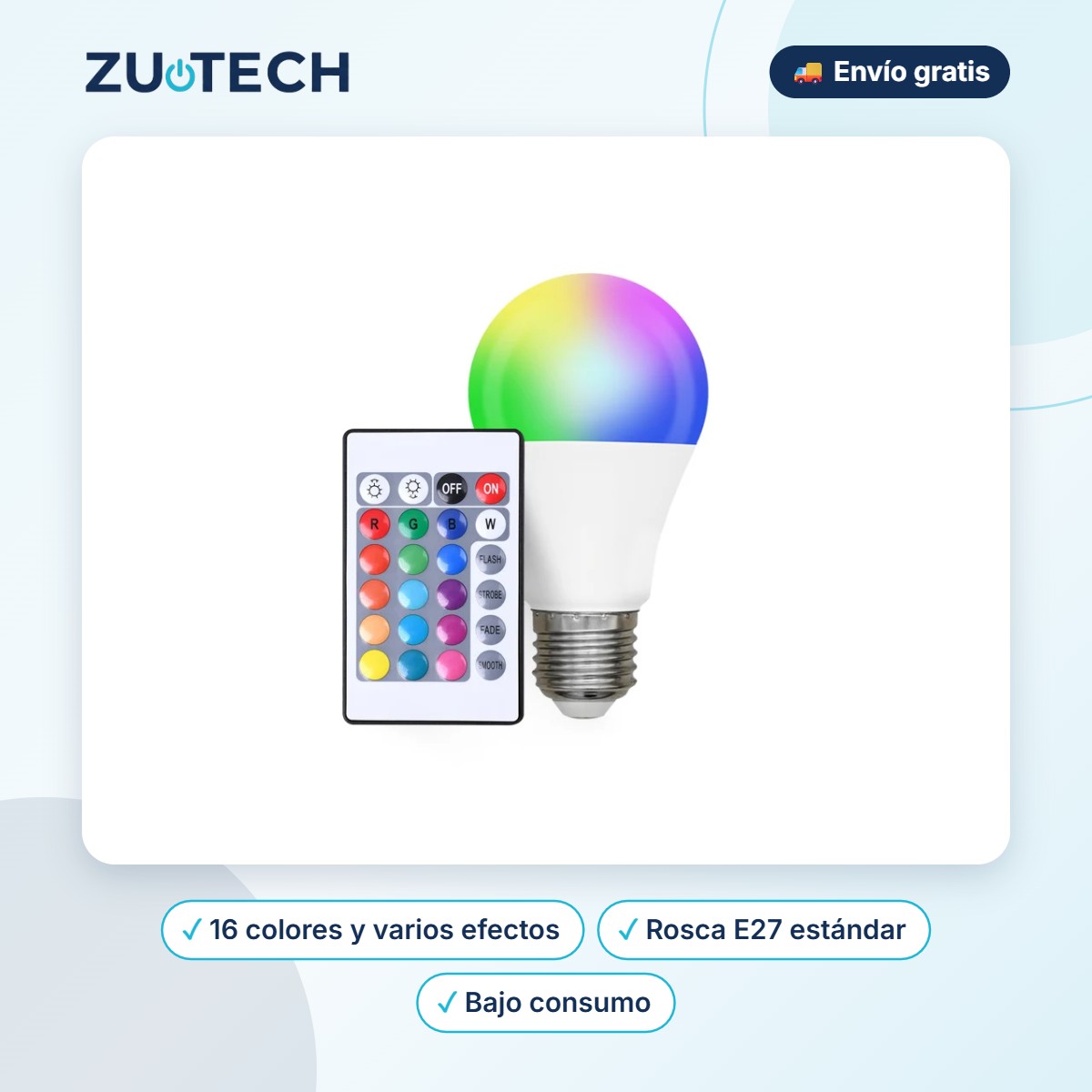 Bombilla LED RGB 16 Colores con Mando - Zutech