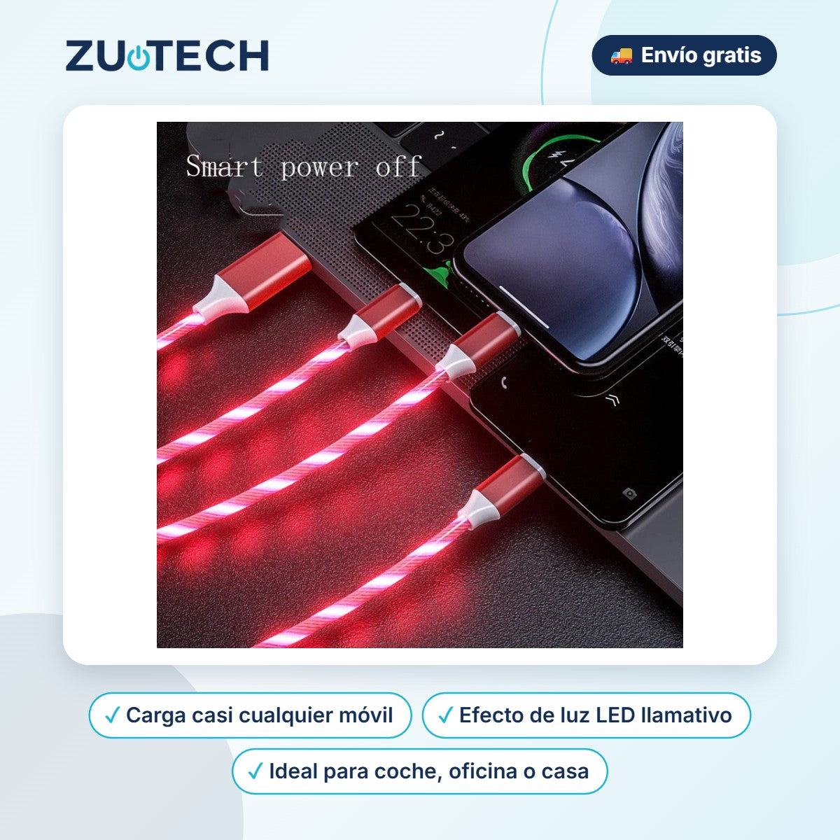 Cable 3 en 1 con Luz LED Fluida (Tipo C, Lightning y Micro USB) - Zutech
