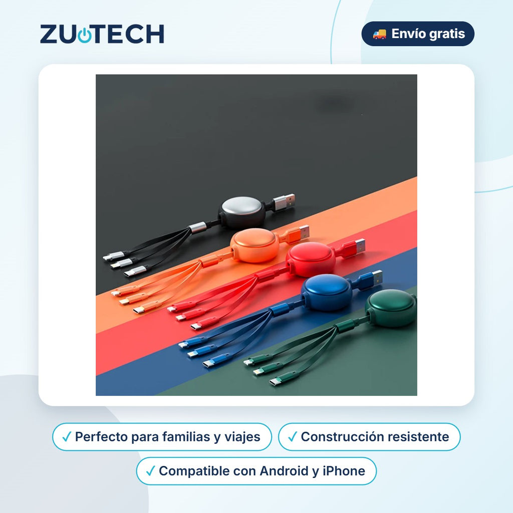 Cable de Carga 3 en 1 (Tipo C, Lightning y Micro USB) - Zutech