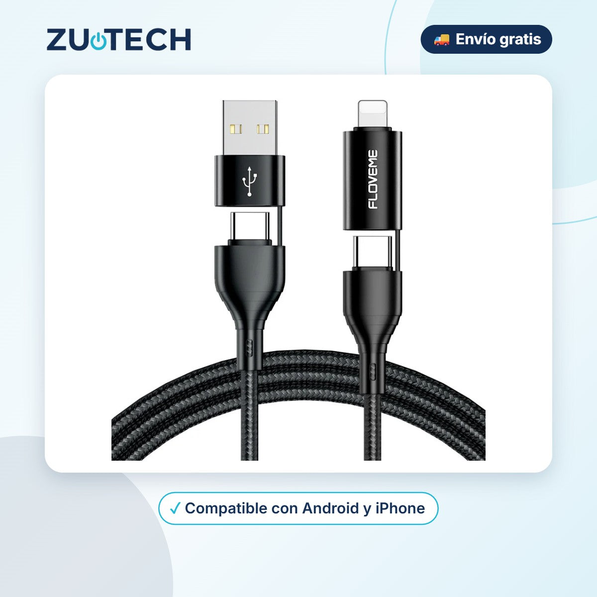 Cable de Carga 4 en 1 Trenzado USB-C / Lightning / Micro USB - Zutech