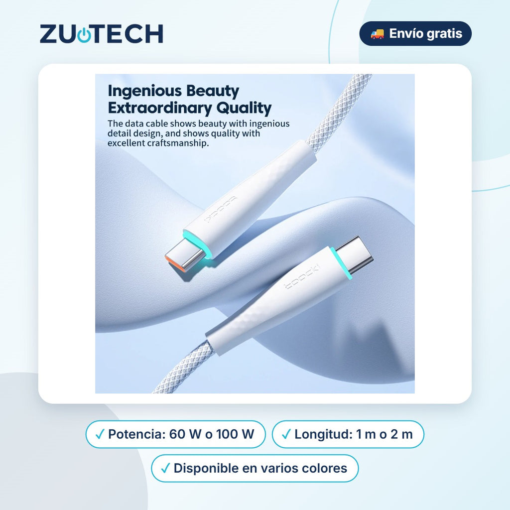 Cable USB-C a USB-C Carga Rápida (60W / 100W) - Zutech