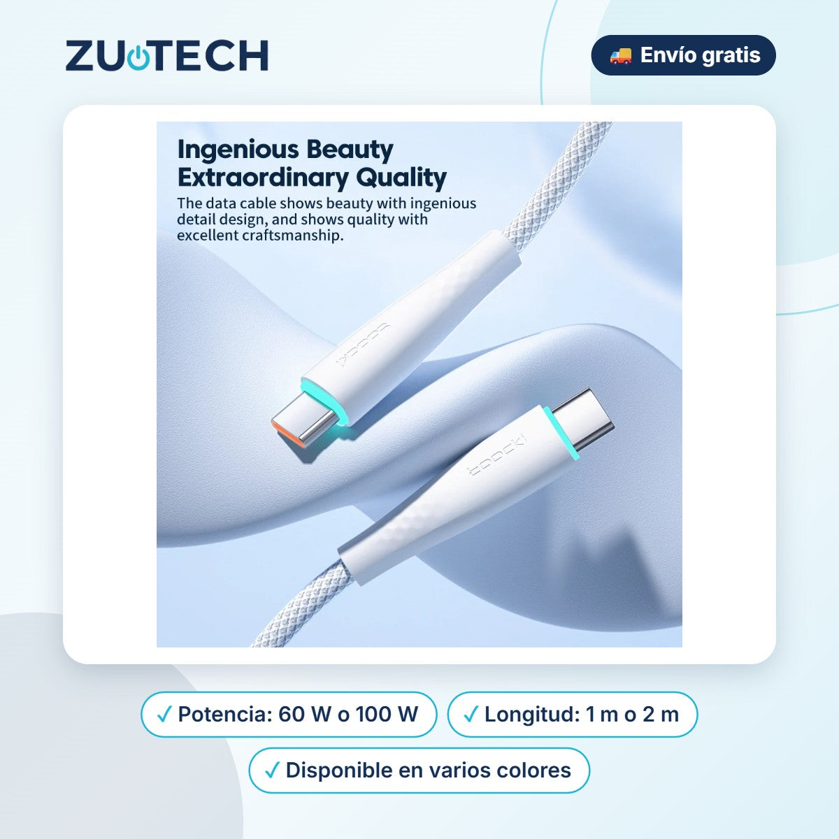 Cable USB-C a USB-C Carga Rápida (60W / 100W) - Zutech
