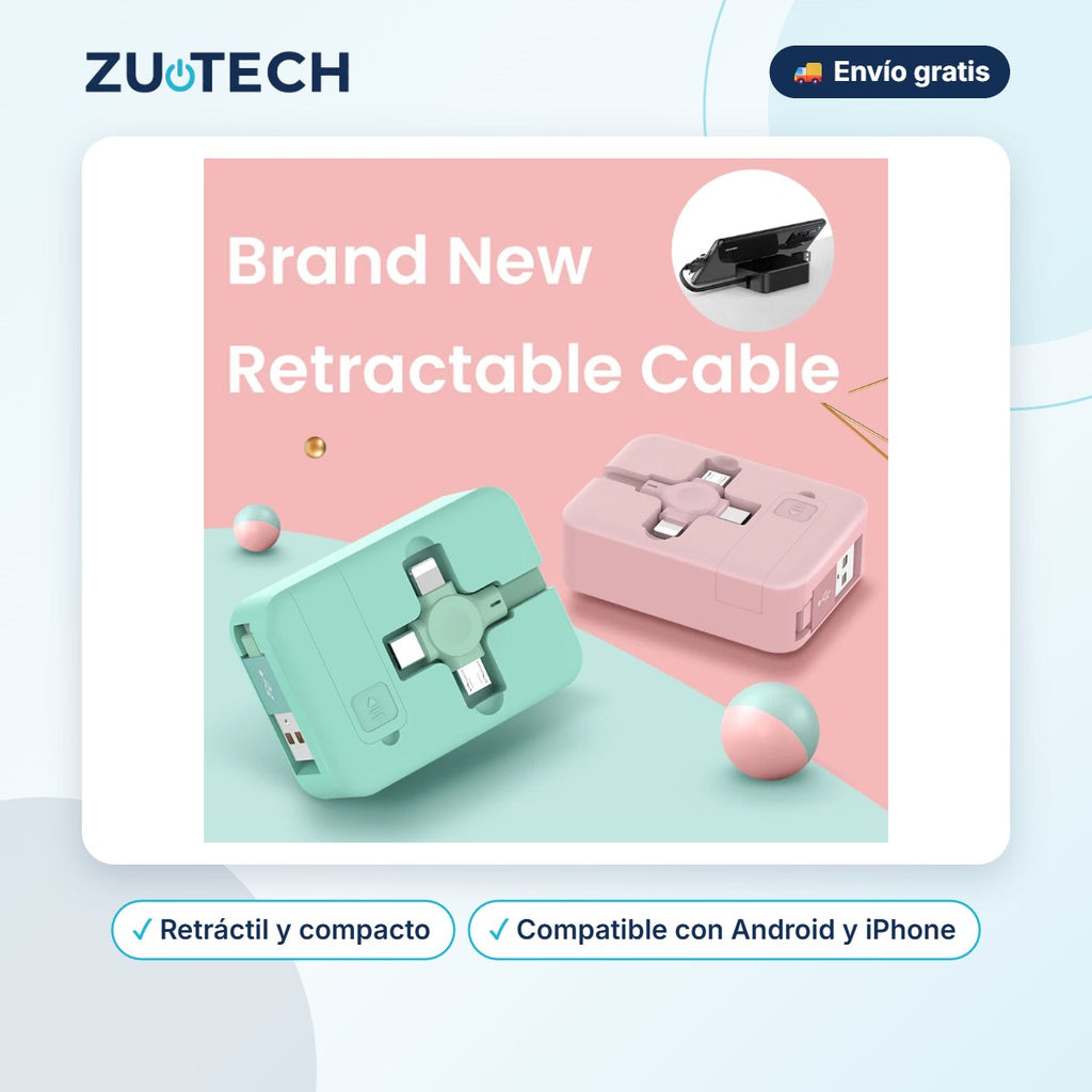 Cable USB Retráctil 4 en 1 (Tipo C, Lightning y Micro USB) - Zutech
