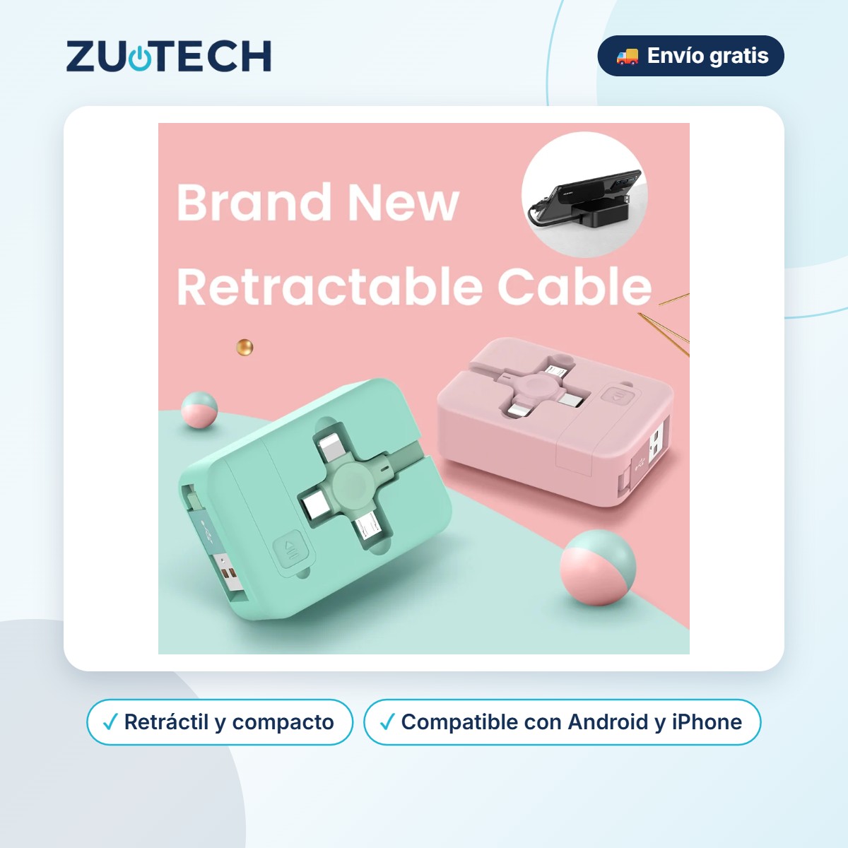 Cable USB Retráctil 4 en 1 (Tipo C, Lightning y Micro USB) - Zutech