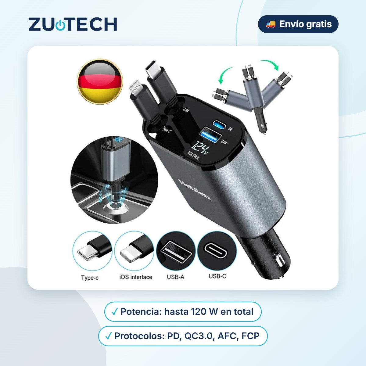 Cargador de Coche 120W con 4 Puertos y Cable Retráctil - Zutech