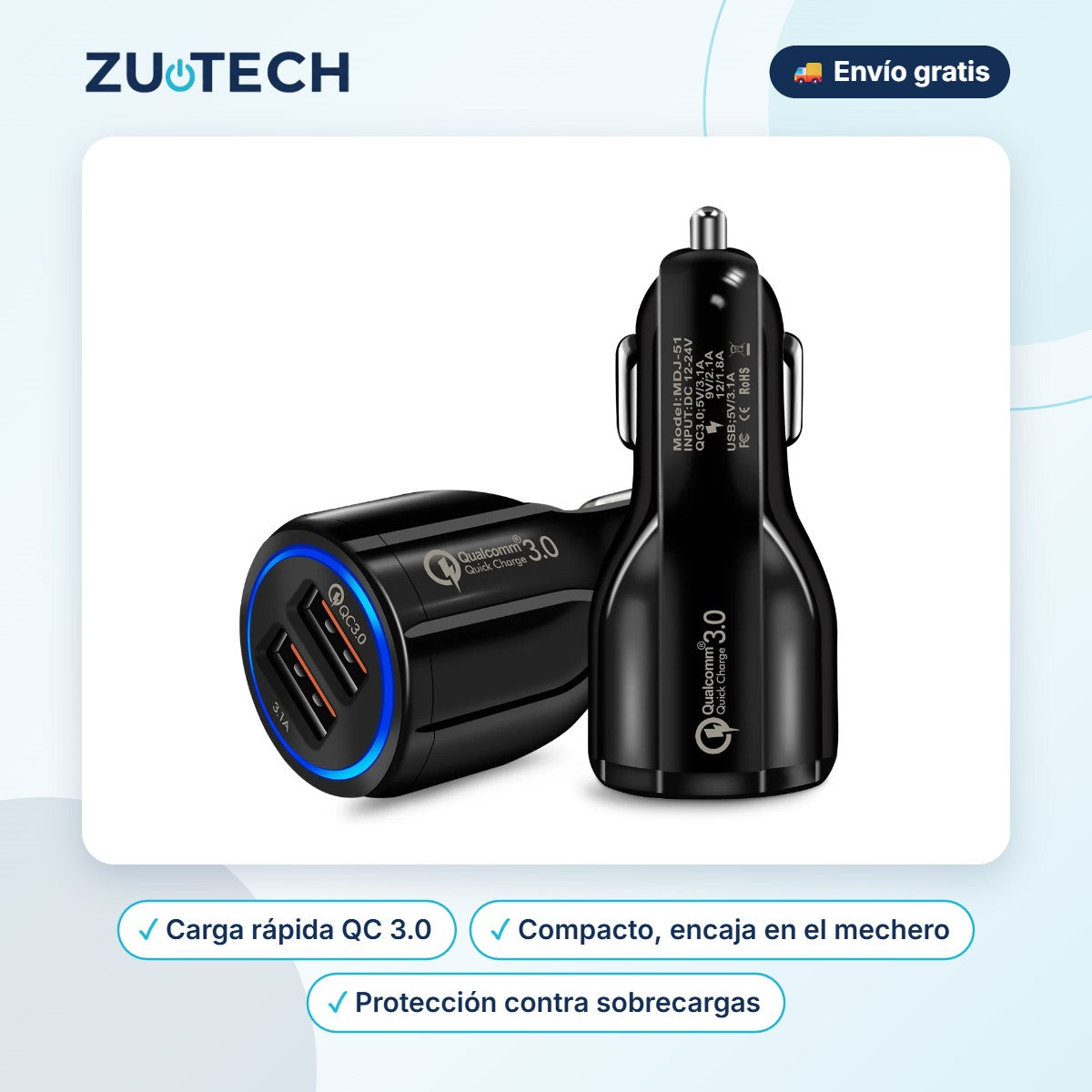 Cargador de Coche Quick Charge 3.0 - Zutech