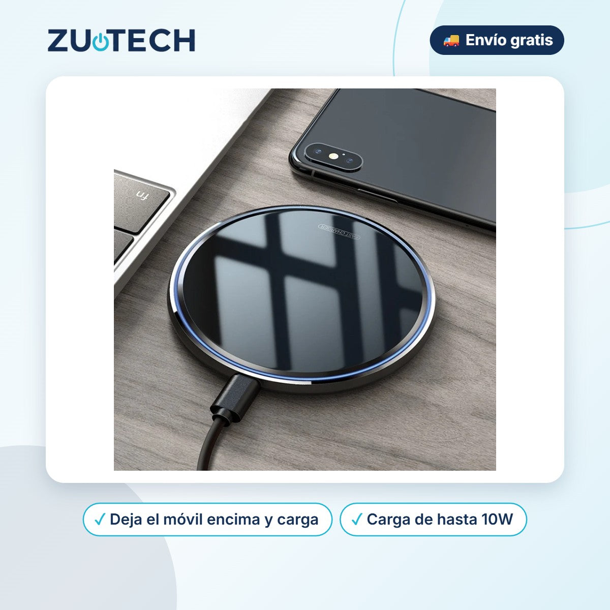 Cargador Inalámbrico 10W Efecto Espejo - Zutech