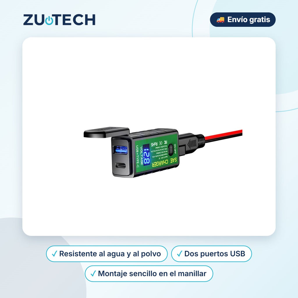 Cargador USB Doble para Moto 12V Impermeable - Zutech