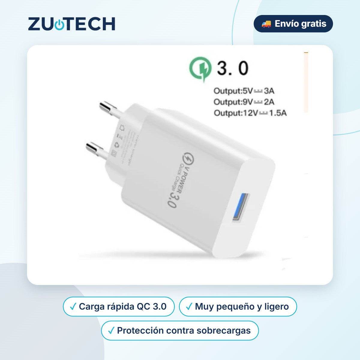 Cargador USB Quick Charge 3.0 Compacto - Zutech
