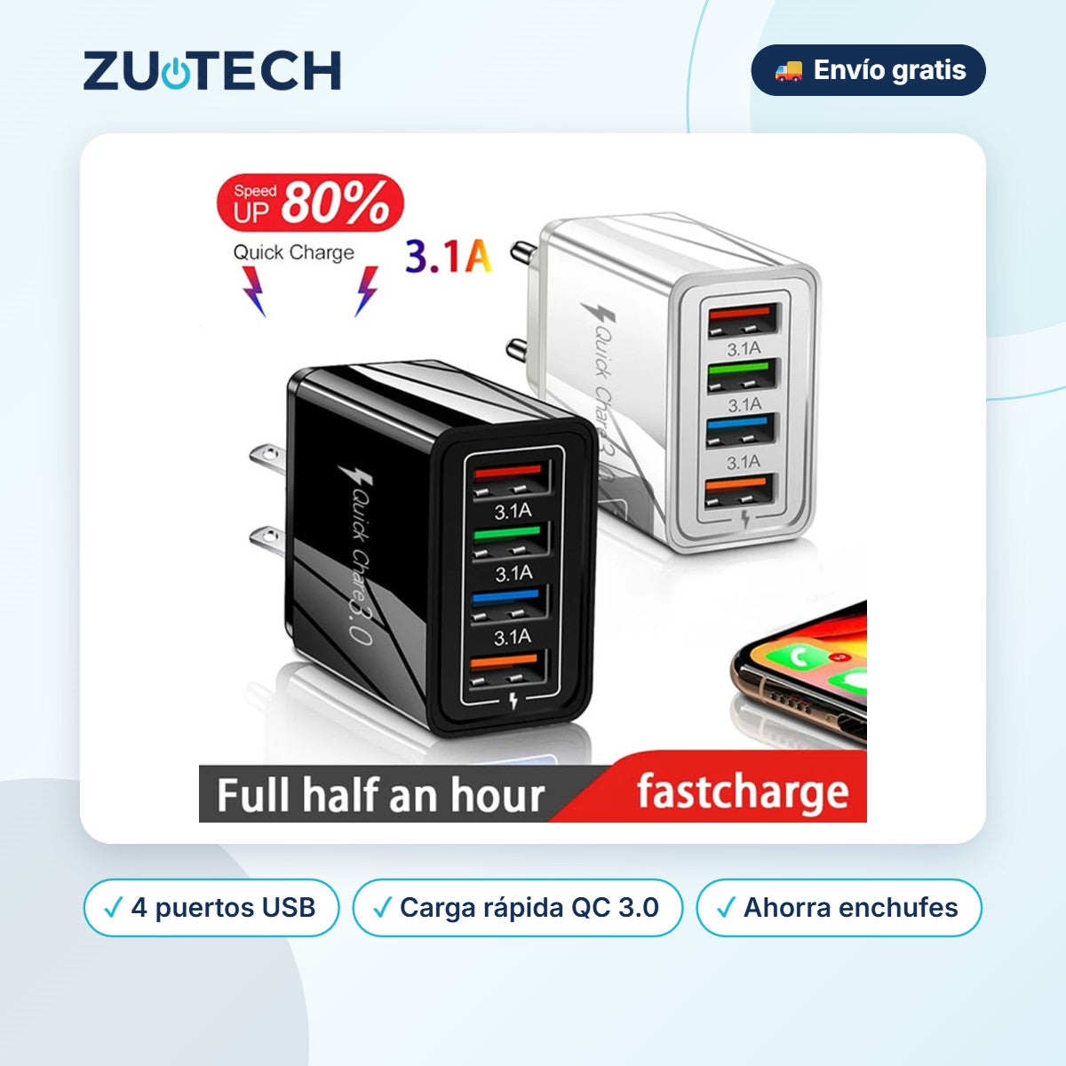 Cargador USB Quick Charge 3.0 de 4 Puertos - Zutech