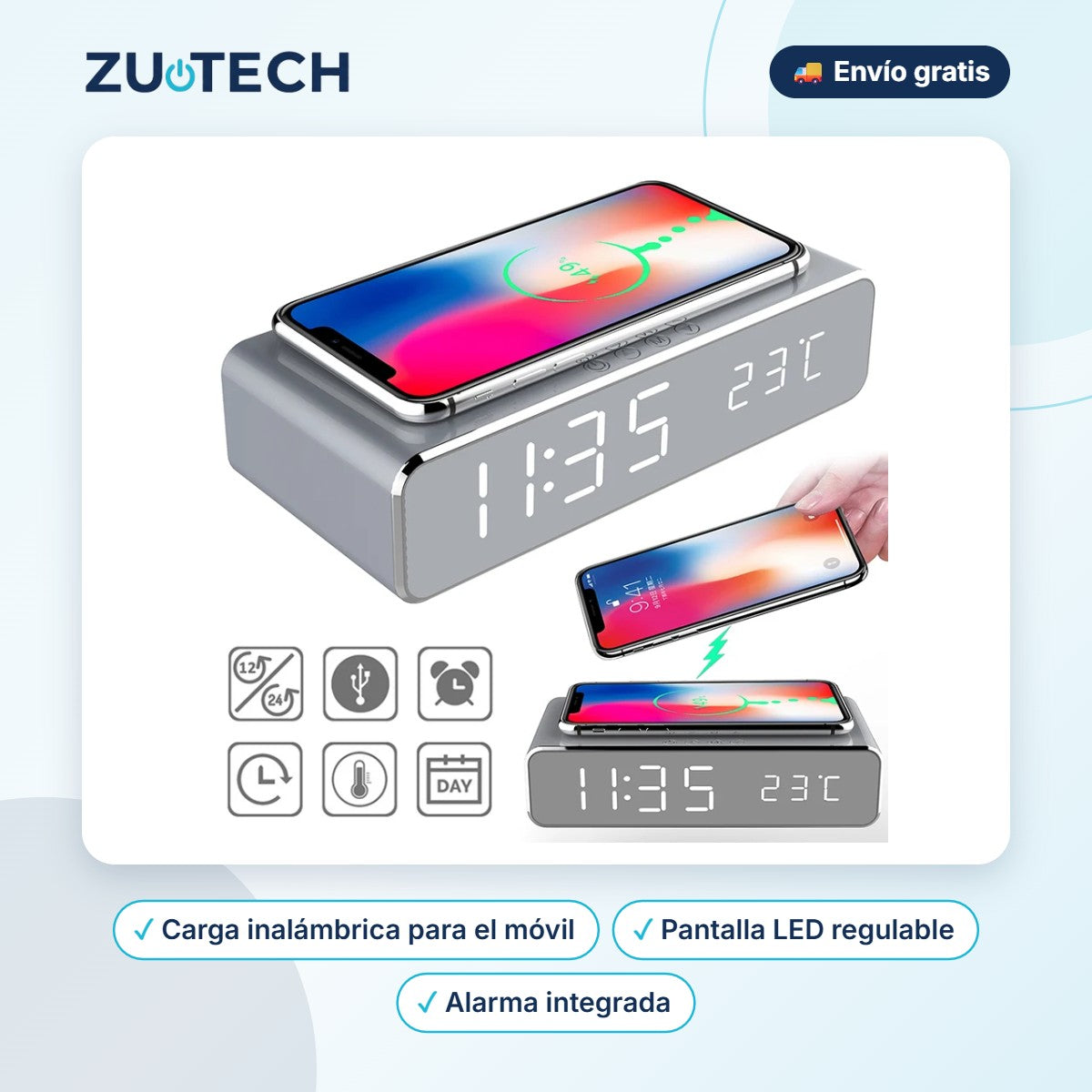 Despertador LED con Cargador Inalámbrico - Zutech