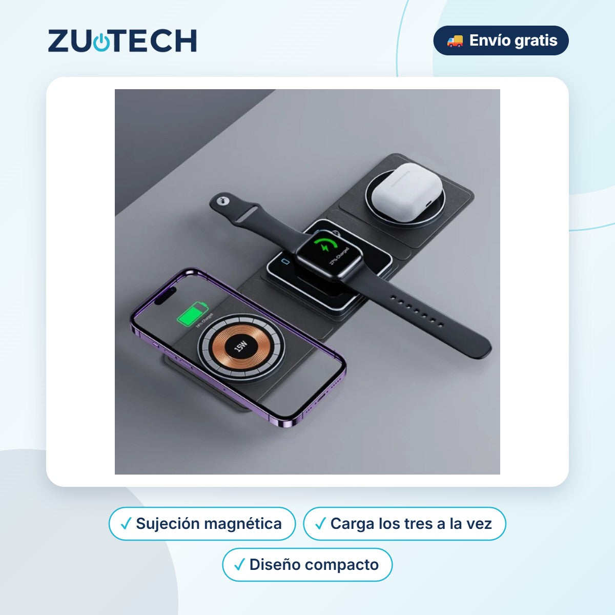 Estación de Carga Inalámbrica Magnética 3 en 1 Plegable - Zutech