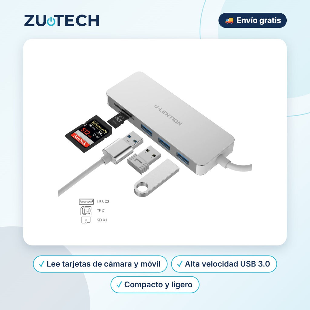 Hub USB 3.0 con Lector de Tarjetas SD y MicroSD - Zutech