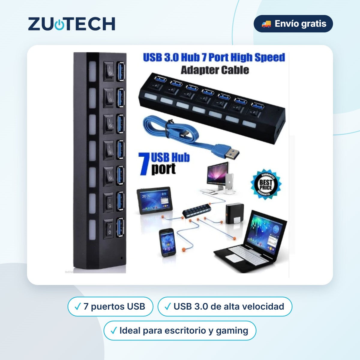 Hub USB 3.0 de 7 Puertos de Alta Velocidad - Zutech