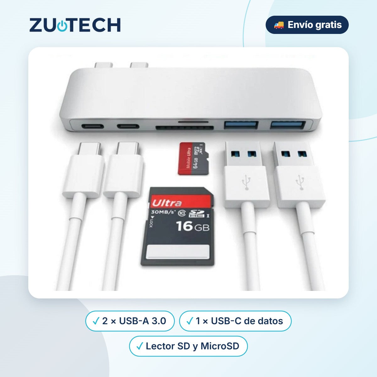 Hub USB-C 7 en 1 con Lector de Tarjetas SD/MicroSD - Zutech