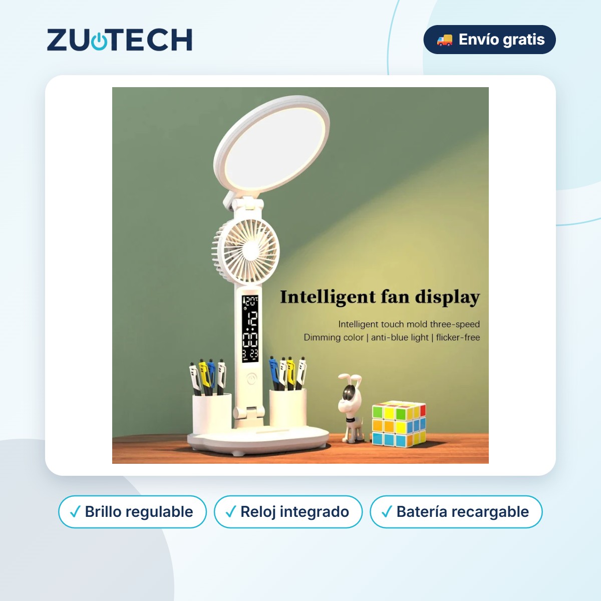 Lámpara de Mesa LED con Reloj Regulable - Zutech