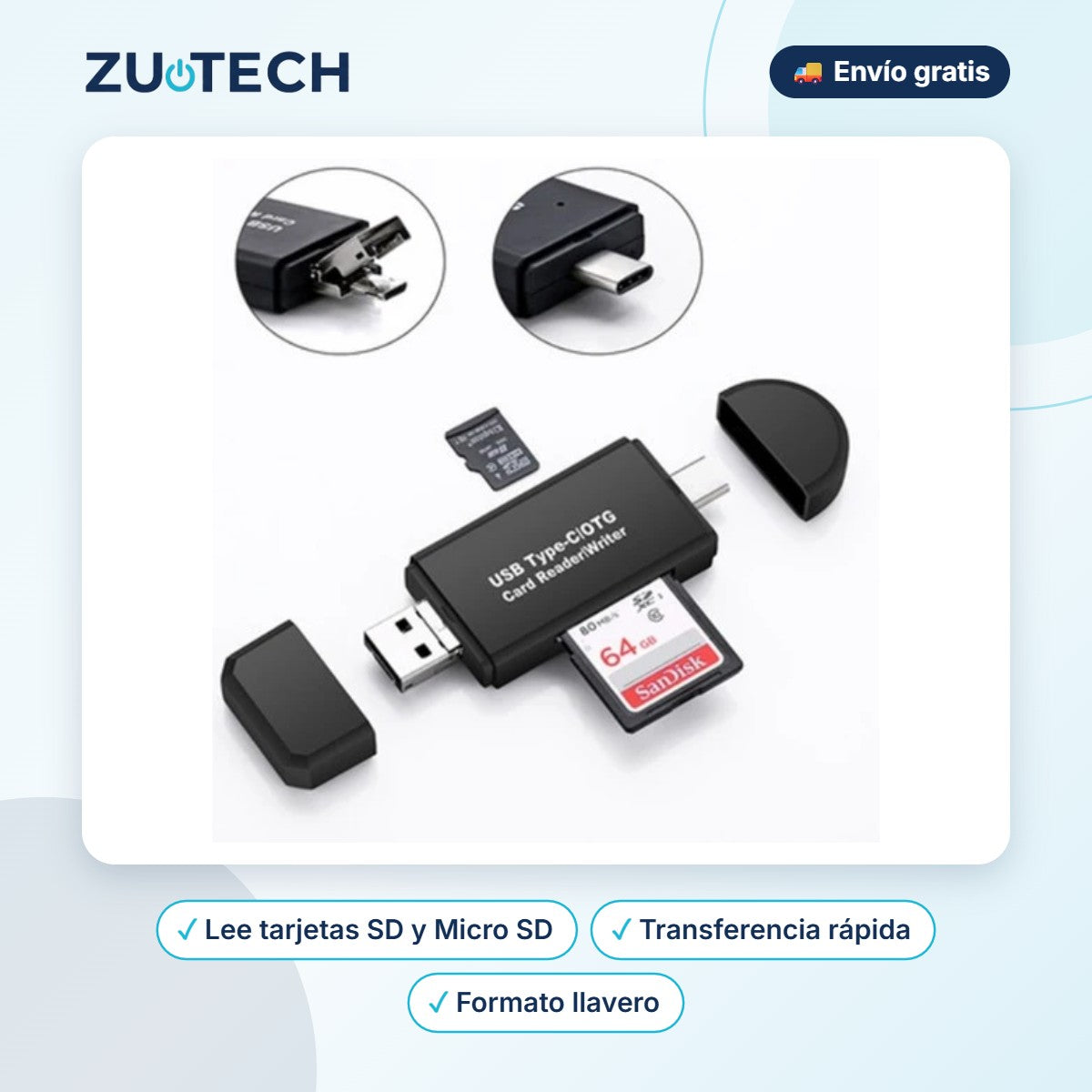 Lector de Tarjetas 3 en 1 (USB, USB-C y Micro USB) - Zutech