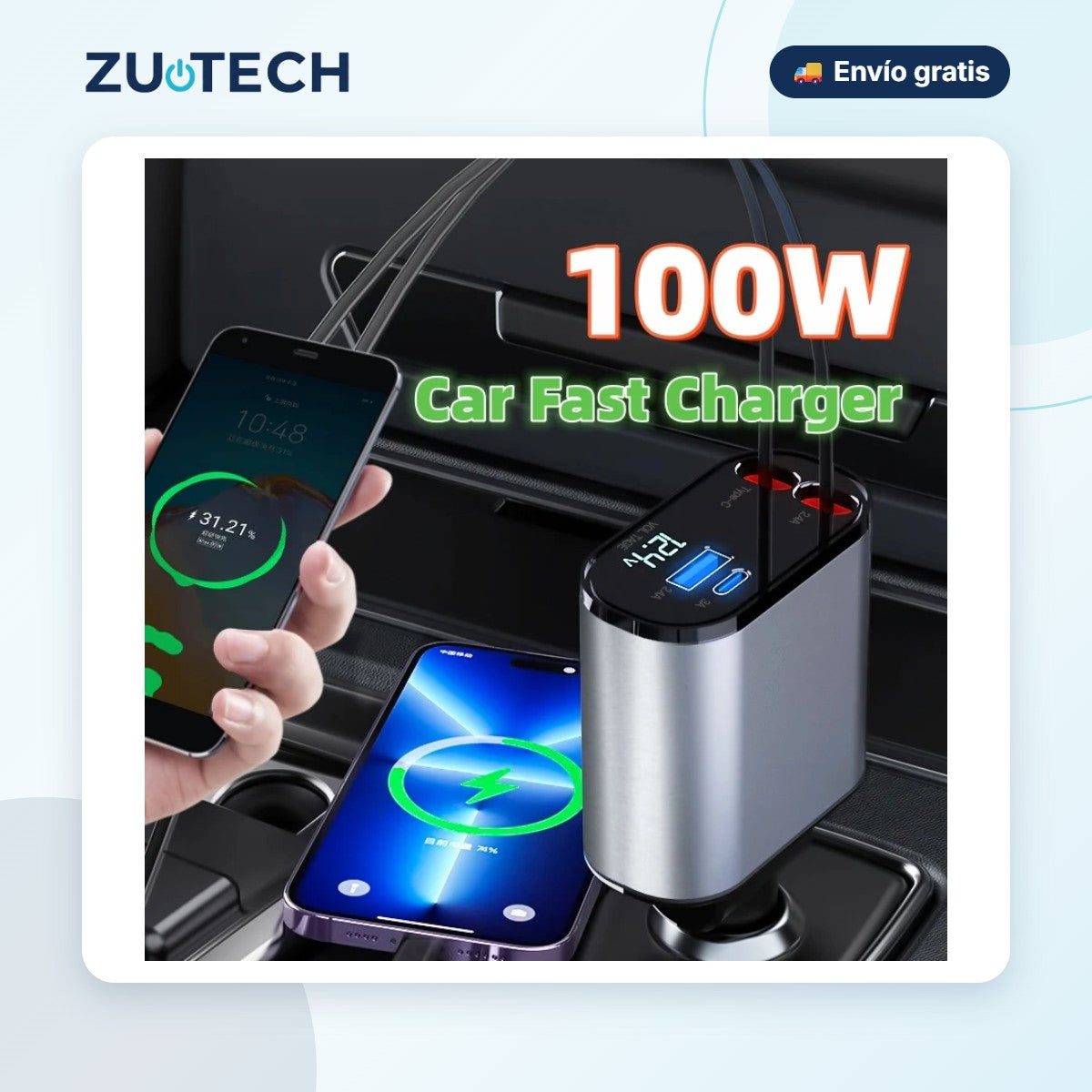 Cargador de Coche Metálico 100W Carga Rápida - Zutech