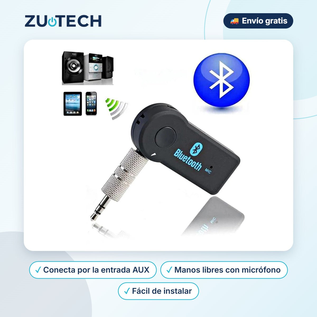 Receptor Bluetooth de Música para Coche (Manos Libres) - Zutech