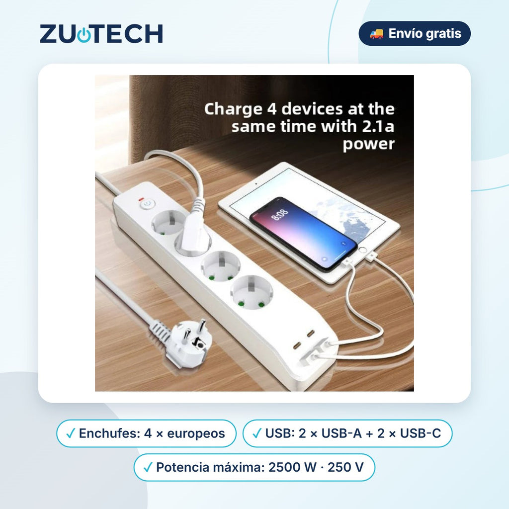 Regleta 4 Enchufes con 2 USB-A y 2 USB-C - Zutech