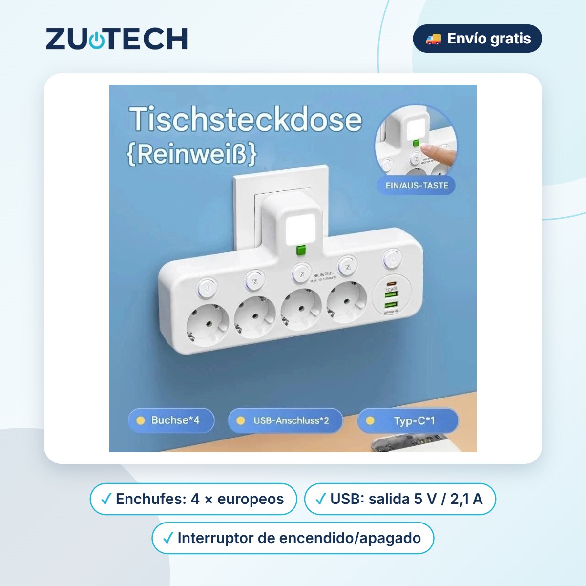 Regleta 4 Enchufes con Puertos USB - Zutech