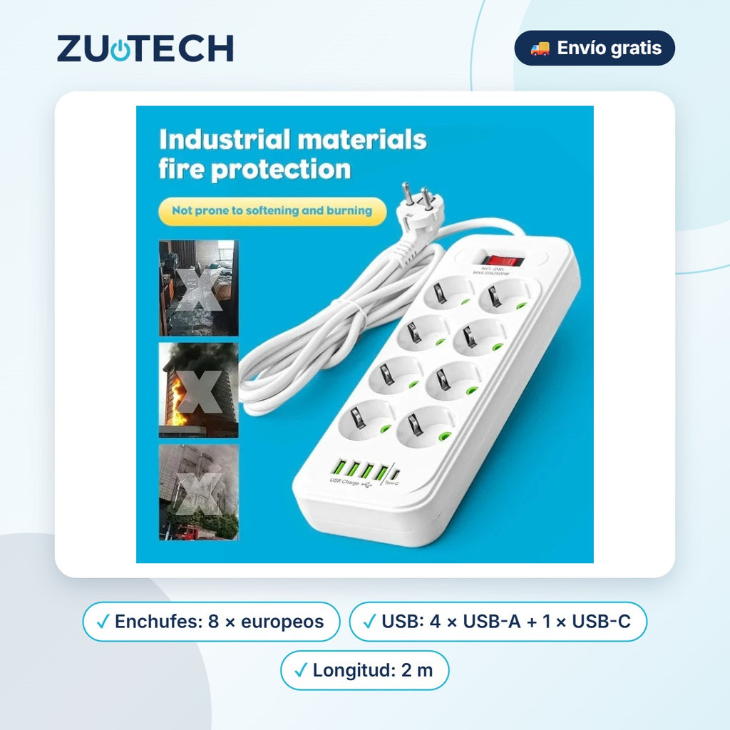 Regleta 8 Enchufes con USB-C y 4 USB - Zutech
