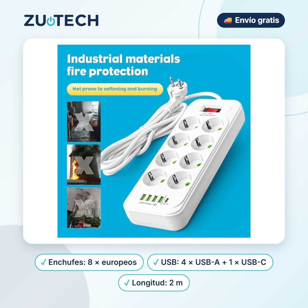 Regleta 8 Enchufes con USB-C y 4 USB - Zutech