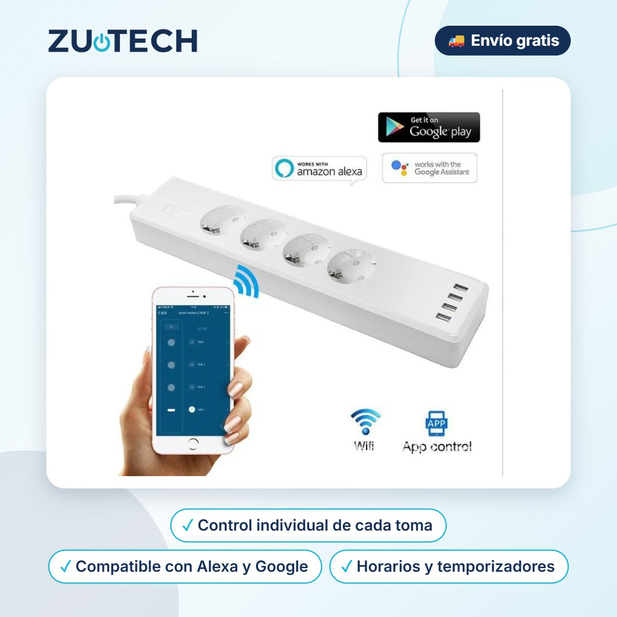 Regleta Inteligente WiFi Tuya (App y Voz) - Zutech