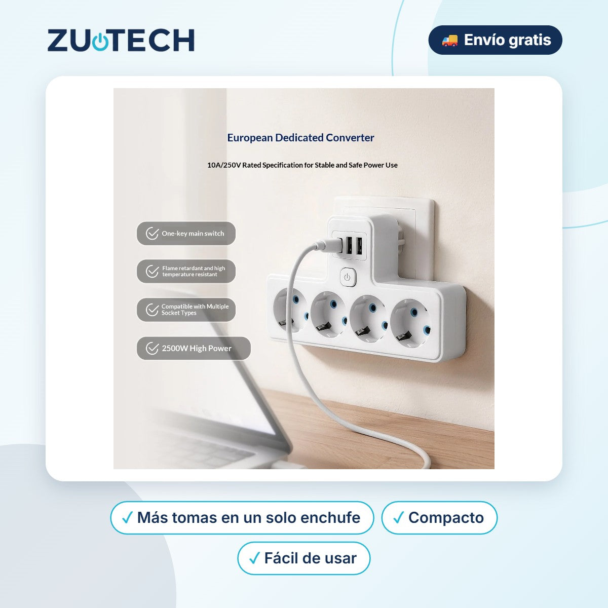 Regleta Ladrón Multiplicador de Enchufes Europeo - Zutech