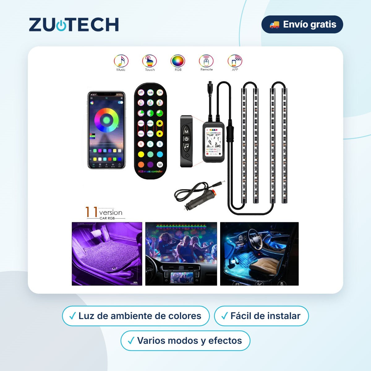 Tira LED RGB Ambiental para Interior de Coche - Zutech
