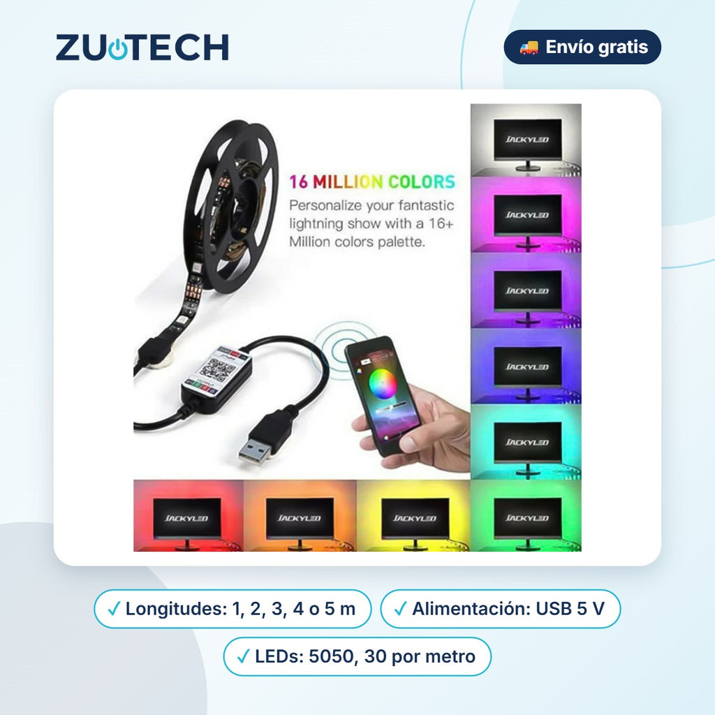 Tira LED RGB Bluetooth con App (USB, 1-5 m) - Zutech