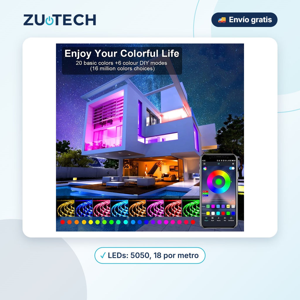 Tira LED RGB Bluetooth Musical con Mando (5 a 40 m) - Zutech